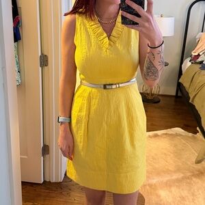 Yellow cocktail dress with ruffles and gold belt size 8